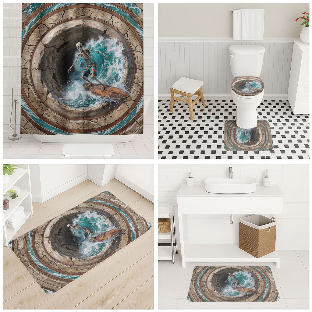 3D Illusion Surfing Skeleton Halloween Bathroom Set Surfboard Bones Ocean Wave Stone Well