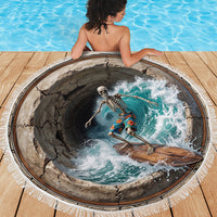 3D Illusion Surfing Skeleton Halloween Beach Blanket Surfboard Bones Ocean Wave Stone Well