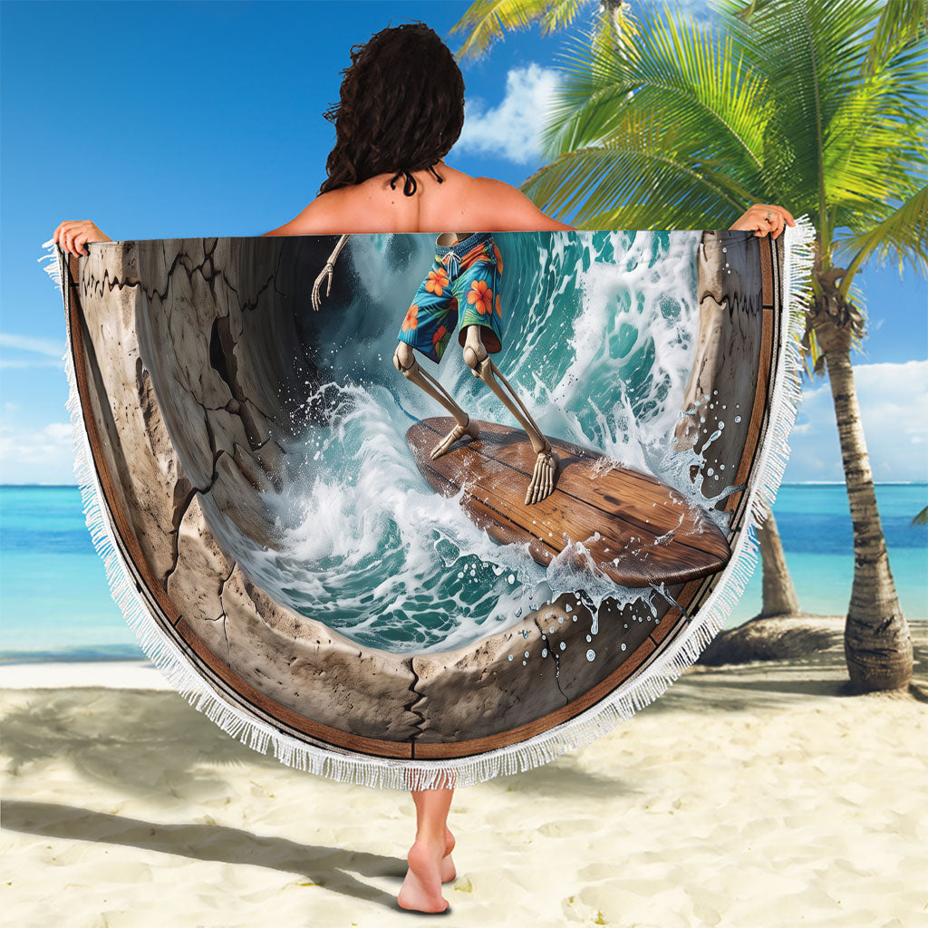 3D Illusion Surfing Skeleton Halloween Beach Blanket Surfboard Bones Ocean Wave Stone Well