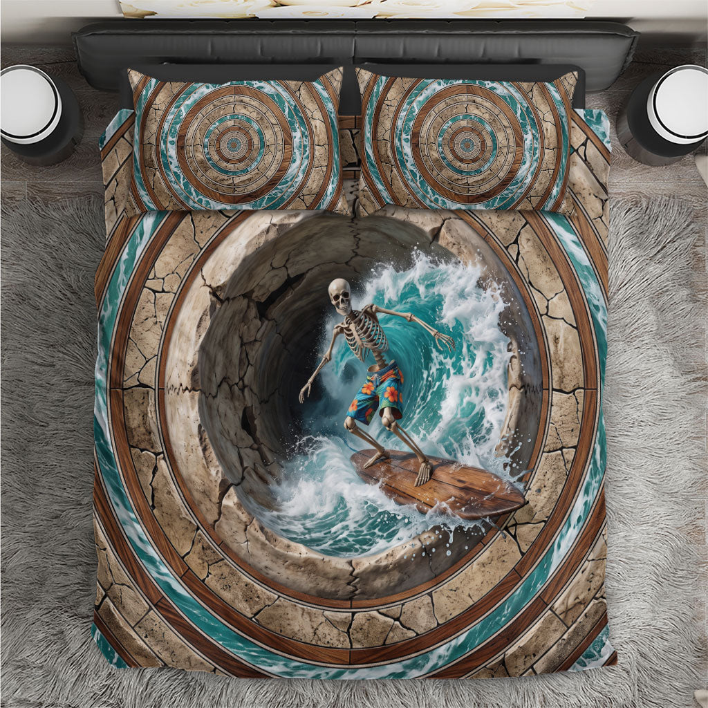 3D Illusion Surfing Skeleton Halloween Bedding Set Surfboard Bones Ocean Wave Stone Well