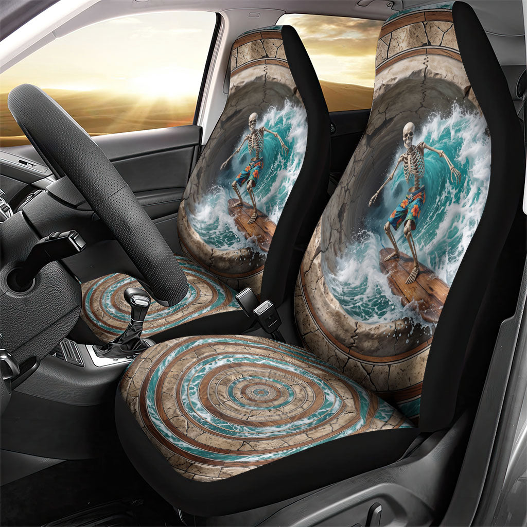 3D Illusion Surfing Skeleton Halloween Car Seat Cover Surfboard Bones Ocean Wave Stone Well