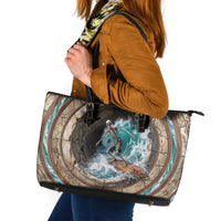 3D Illusion Surfing Skeleton Halloween Leather Tote Bag Surfboard Bones Ocean Wave Stone Well