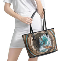 3D Illusion Surfing Skeleton Halloween Leather Tote Bag Surfboard Bones Ocean Wave Stone Well