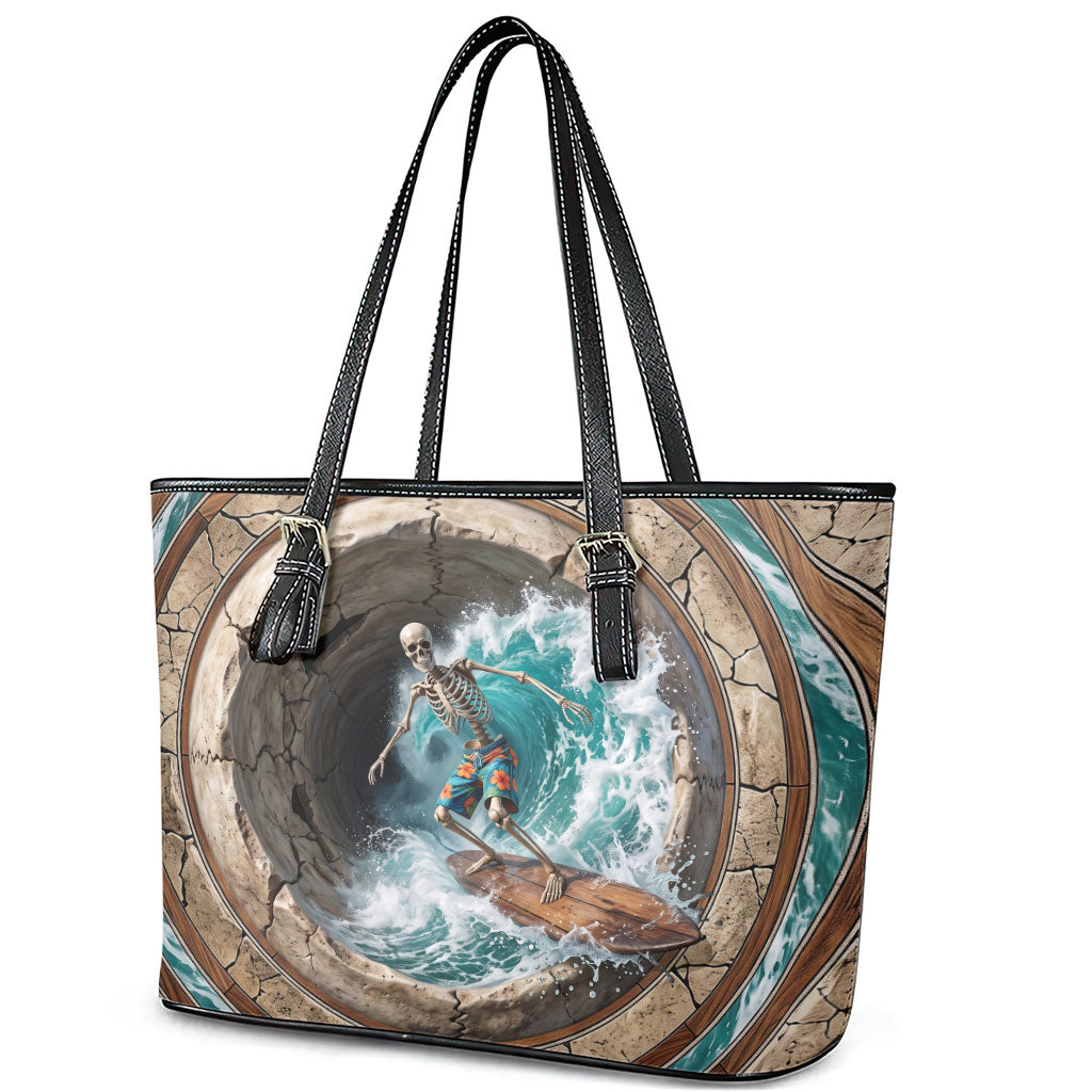 3D Illusion Surfing Skeleton Halloween Leather Tote Bag Surfboard Bones Ocean Wave Stone Well