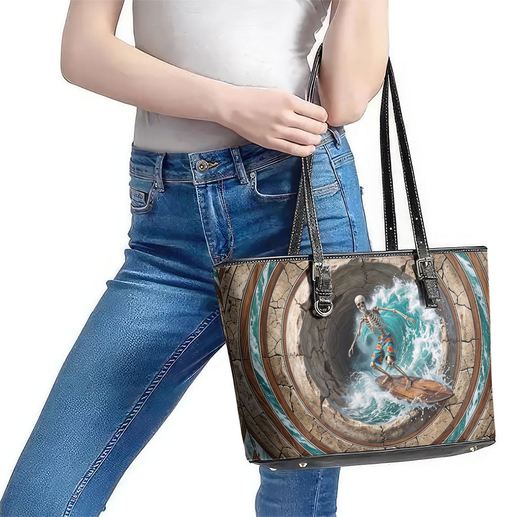 3D Illusion Surfing Skeleton Halloween Leather Tote Bag Surfboard Bones Ocean Wave Stone Well