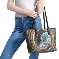3D Illusion Surfing Skeleton Halloween Leather Tote Bag Surfboard Bones Ocean Wave Stone Well