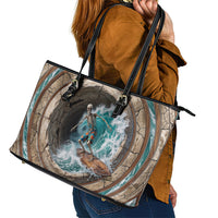 3D Illusion Surfing Skeleton Halloween Leather Tote Bag Surfboard Bones Ocean Wave Stone Well