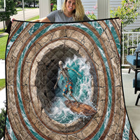 3D Illusion Surfing Skeleton Halloween Quilt Surfboard Bones Ocean Wave Stone Well