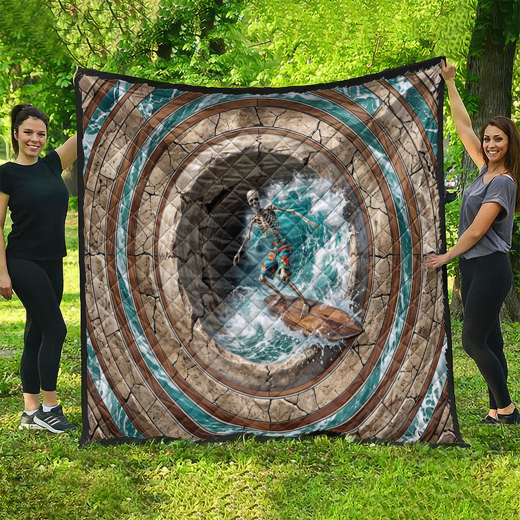 3D Illusion Surfing Skeleton Halloween Quilt Surfboard Bones Ocean Wave Stone Well
