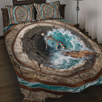 3D Illusion Surfing Skeleton Halloween Quilt Bed Set Surfboard Bones Ocean Wave Stone Well
