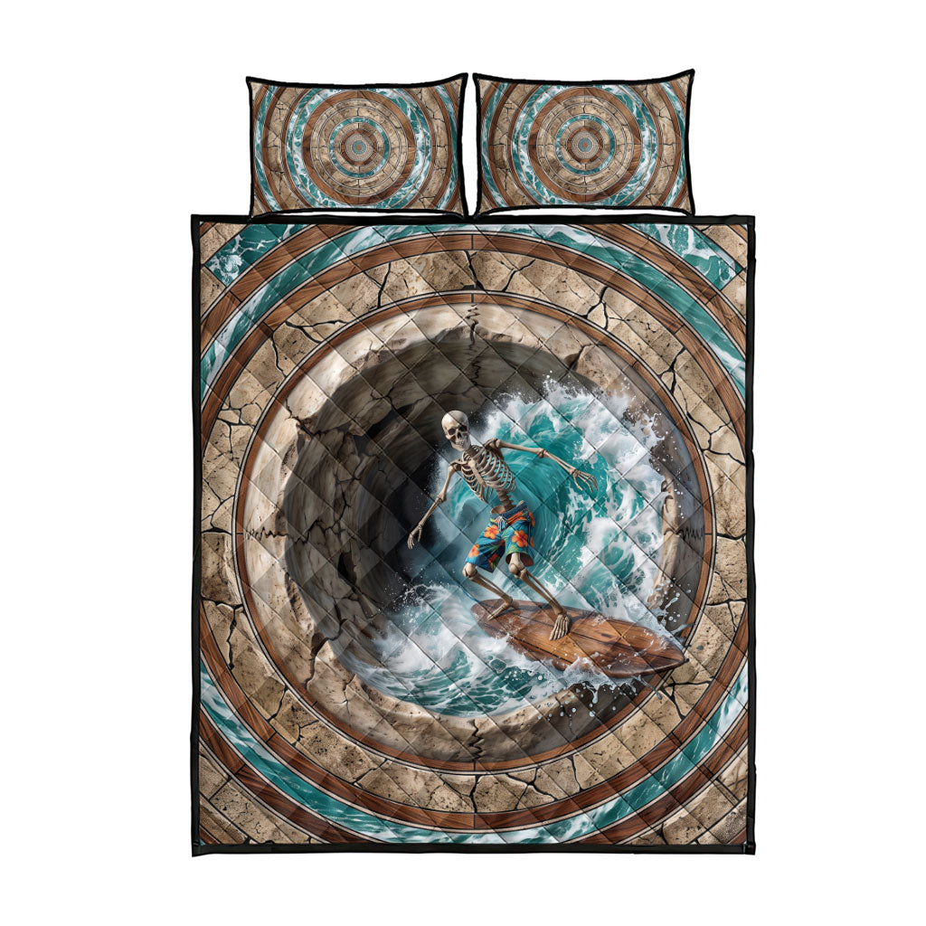 3D Illusion Surfing Skeleton Halloween Quilt Bed Set Surfboard Bones Ocean Wave Stone Well