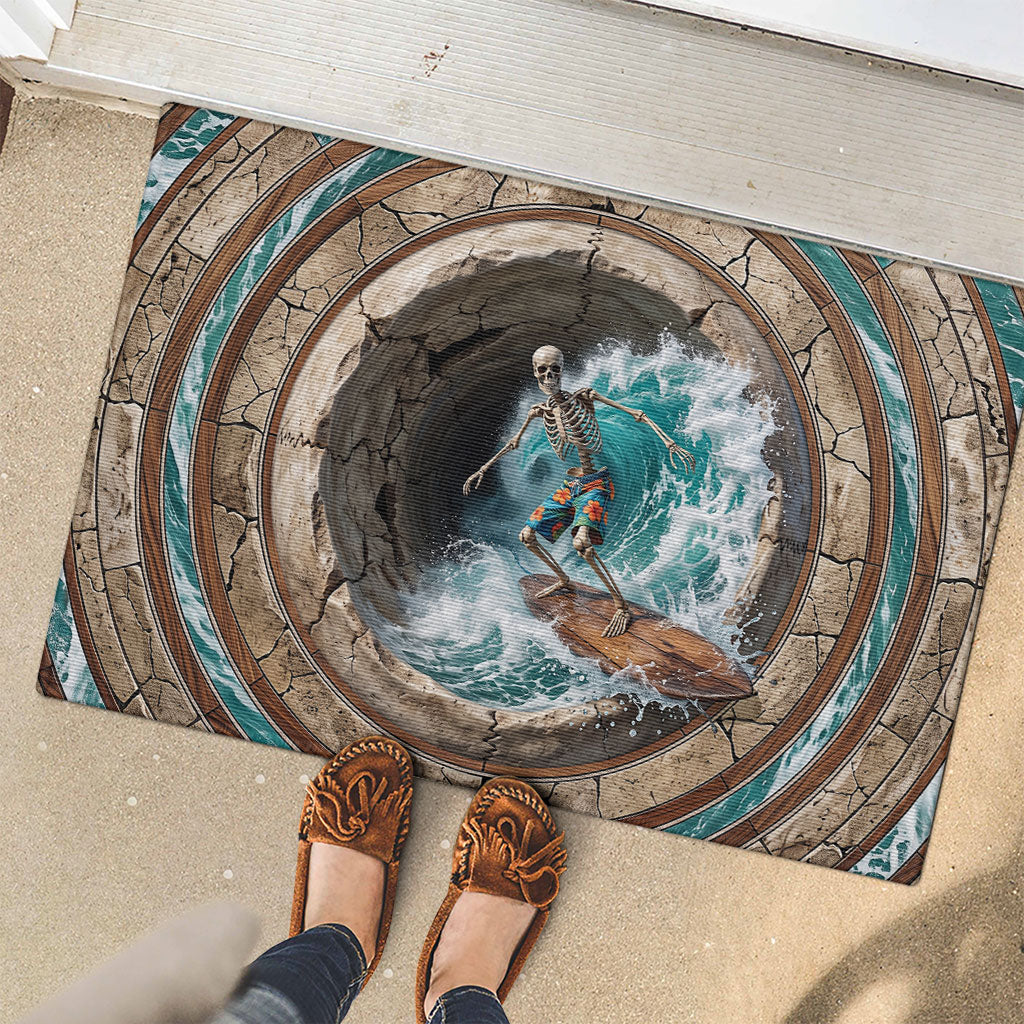 3D Illusion Surfing Skeleton Halloween Rubber Doormat Surfboard Bones Ocean Wave Stone Well
