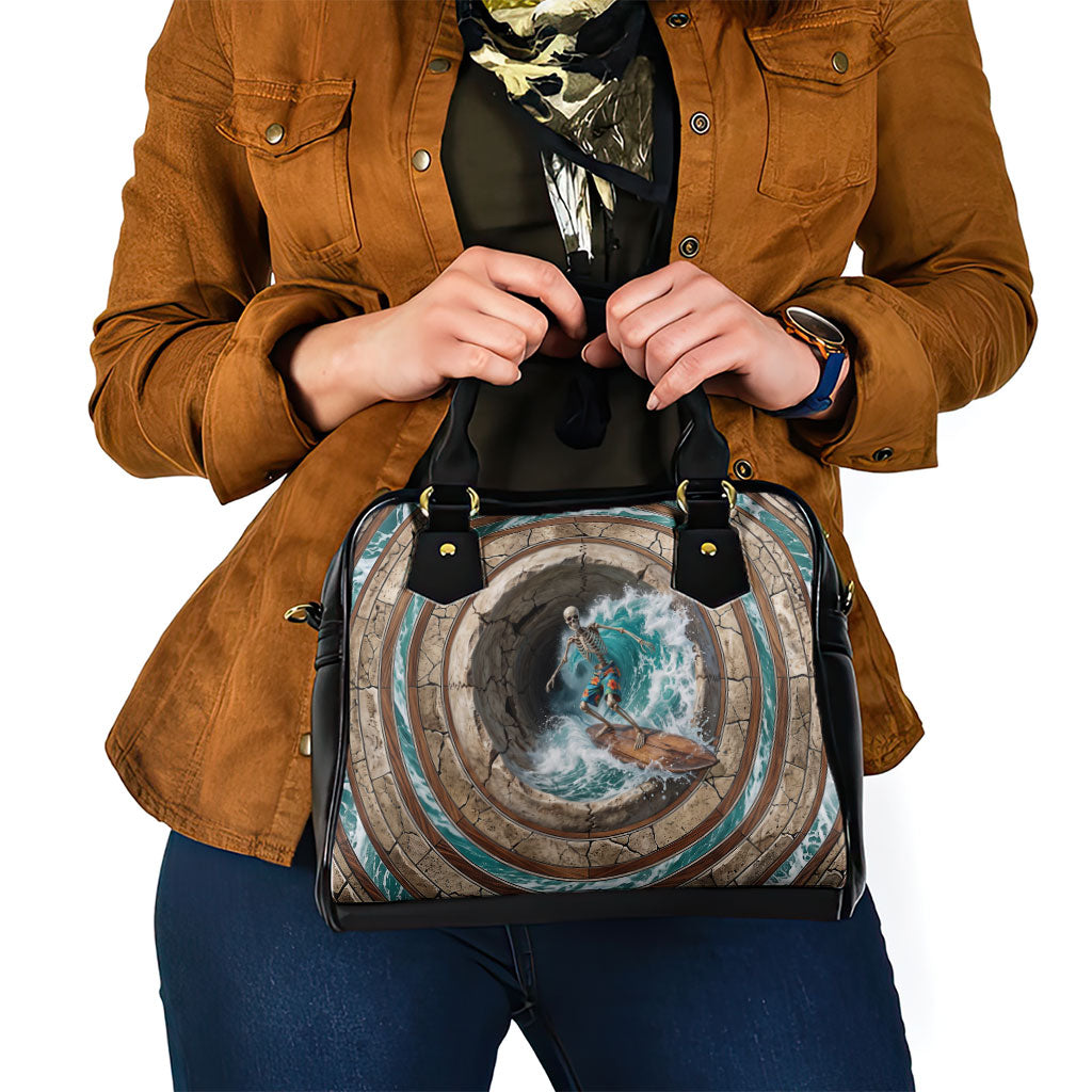 3D Illusion Surfing Skeleton Halloween Shoulder Handbag Surfboard Bones Ocean Wave Stone Well