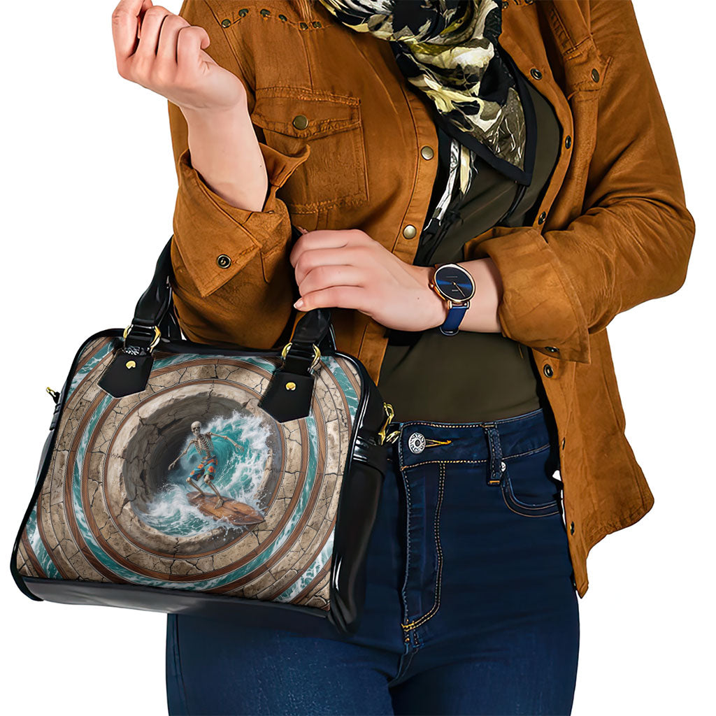 3D Illusion Surfing Skeleton Halloween Shoulder Handbag Surfboard Bones Ocean Wave Stone Well