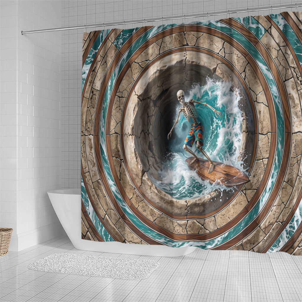 3D Illusion Surfing Skeleton Halloween Shower Curtain Surfboard Bones Ocean Wave Stone Well
