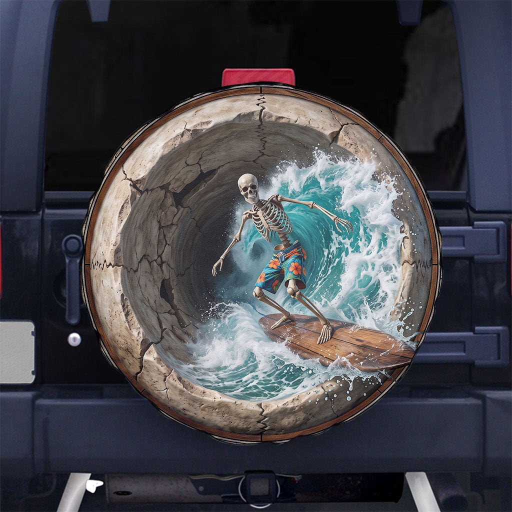 3D Illusion Surfing Skeleton Halloween Spare Tire Cover Surfboard Bones Ocean Wave Stone Well DT05 No hole Gray - Polynesian Pride