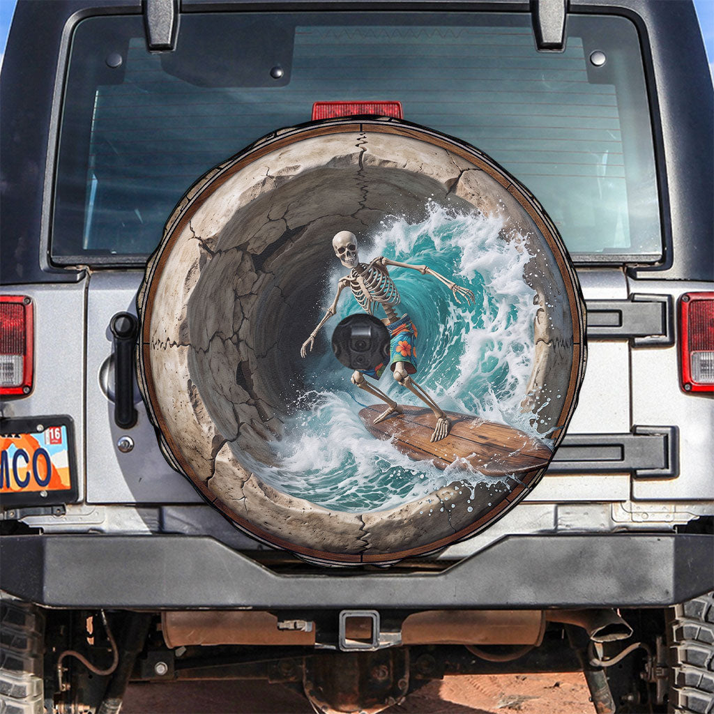 3D Illusion Surfing Skeleton Halloween Spare Tire Cover Surfboard Bones Ocean Wave Stone Well
