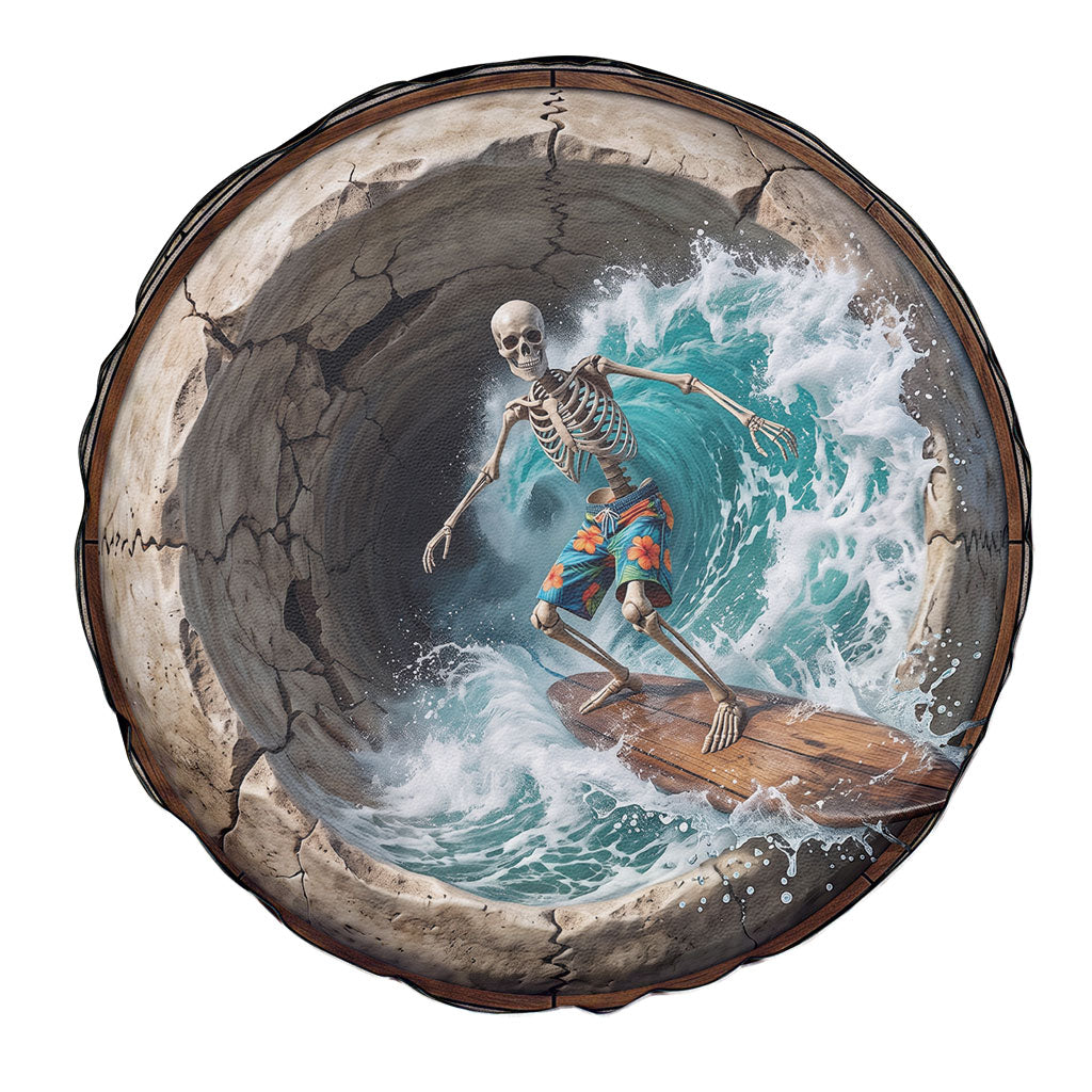3D Illusion Surfing Skeleton Halloween Spare Tire Cover Surfboard Bones Ocean Wave Stone Well