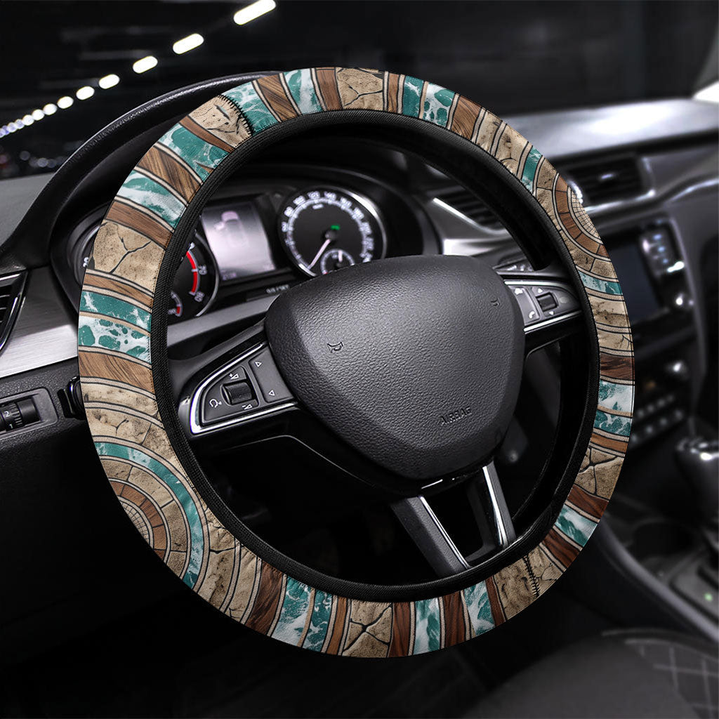 3D Illusion Surfing Skeleton Halloween Steering Wheel Cover Surfboard Bones Ocean Wave Stone Well