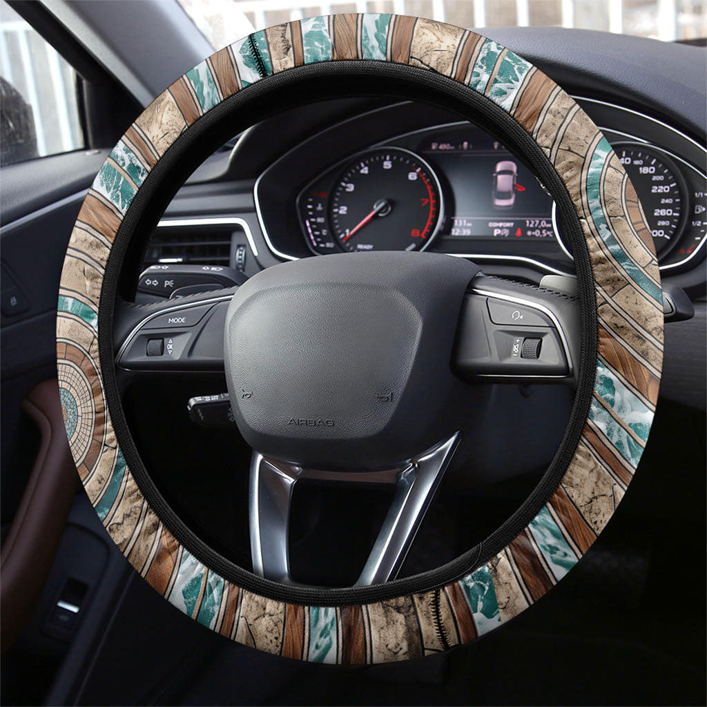 3D Illusion Surfing Skeleton Halloween Steering Wheel Cover Surfboard Bones Ocean Wave Stone Well