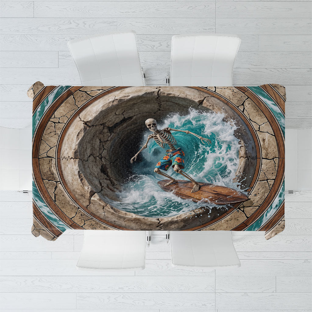 3D Illusion Surfing Skeleton Halloween Tablecloth Surfboard Bones Ocean Wave Stone Well