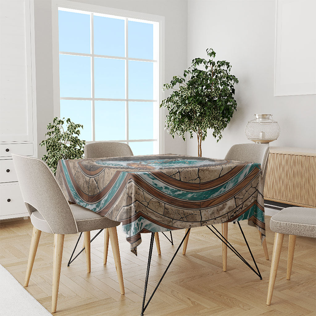 3D Illusion Surfing Skeleton Halloween Tablecloth Surfboard Bones Ocean Wave Stone Well
