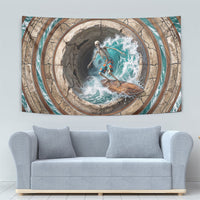3D Illusion Surfing Skeleton Halloween Tapestry Surfboard Bones Ocean Wave Stone Well