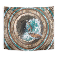 3D Illusion Surfing Skeleton Halloween Tapestry Surfboard Bones Ocean Wave Stone Well