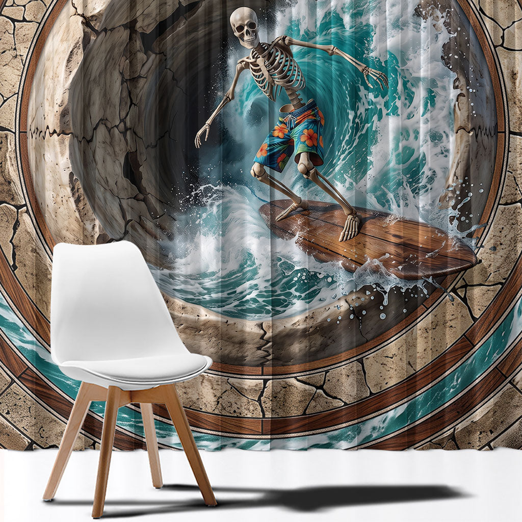3D Illusion Surfing Skeleton Halloween Window Curtain Surfboard Bones Ocean Wave Stone Well