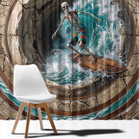 3D Illusion Surfing Skeleton Halloween Window Curtain Surfboard Bones Ocean Wave Stone Well