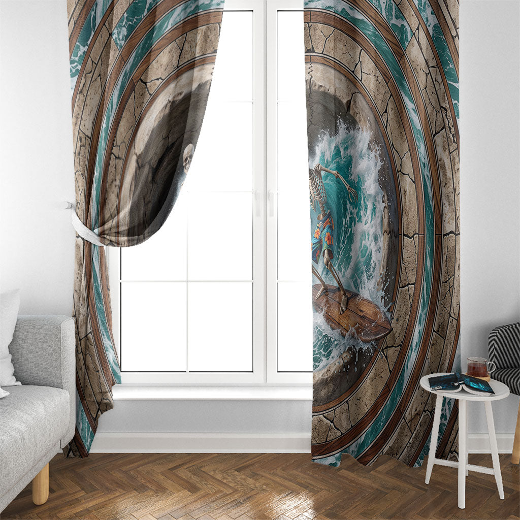 3D Illusion Surfing Skeleton Halloween Window Curtain Surfboard Bones Ocean Wave Stone Well