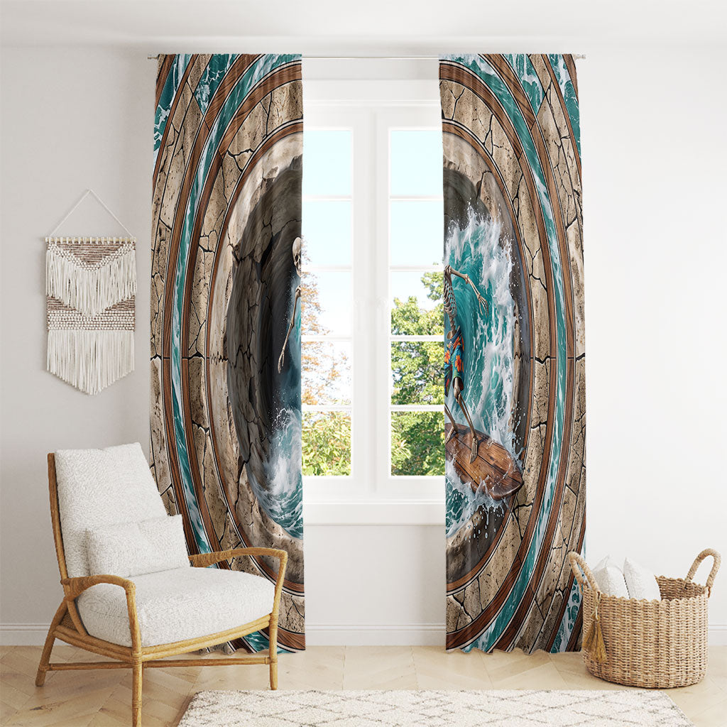 3D Illusion Surfing Skeleton Halloween Window Curtain Surfboard Bones Ocean Wave Stone Well