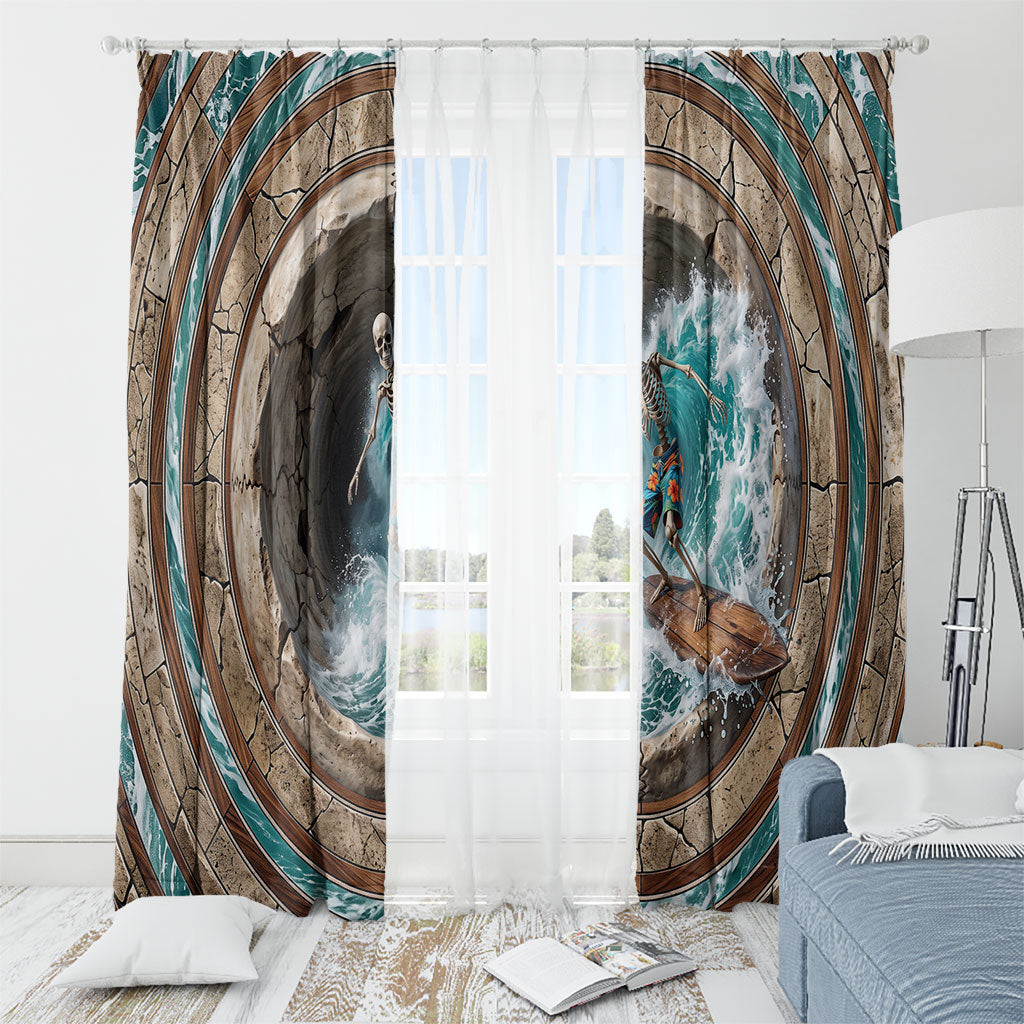 3D Illusion Surfing Skeleton Halloween Window Curtain Surfboard Bones Ocean Wave Stone Well