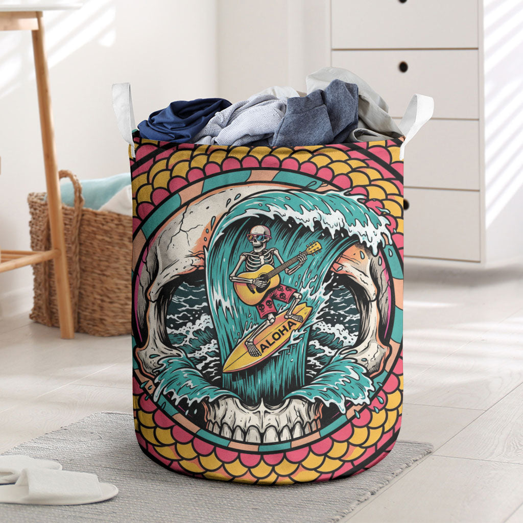 3D Illusion Surfing Skull Aloha Halloween Laundry Basket Tropical Guitarist Bones Wave