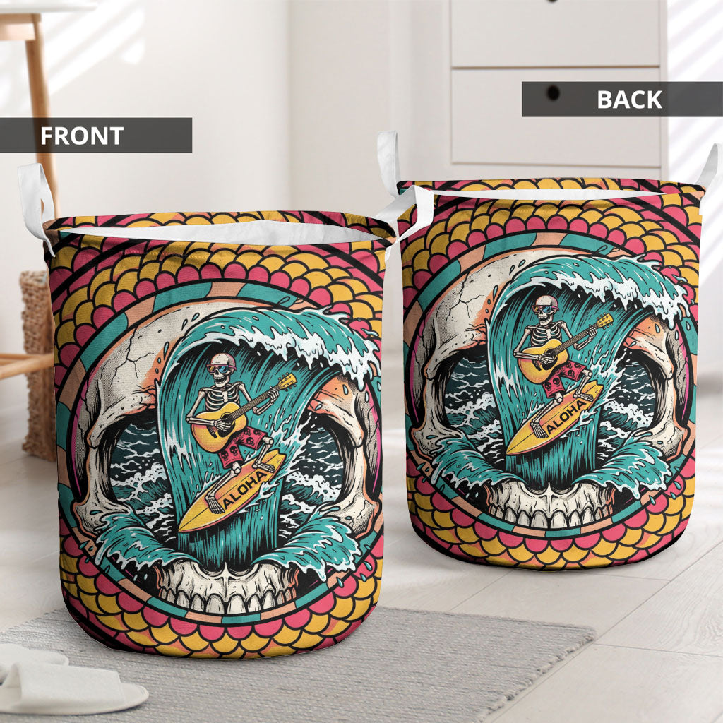 3D Illusion Surfing Skull Aloha Halloween Laundry Basket Tropical Guitarist Bones Wave