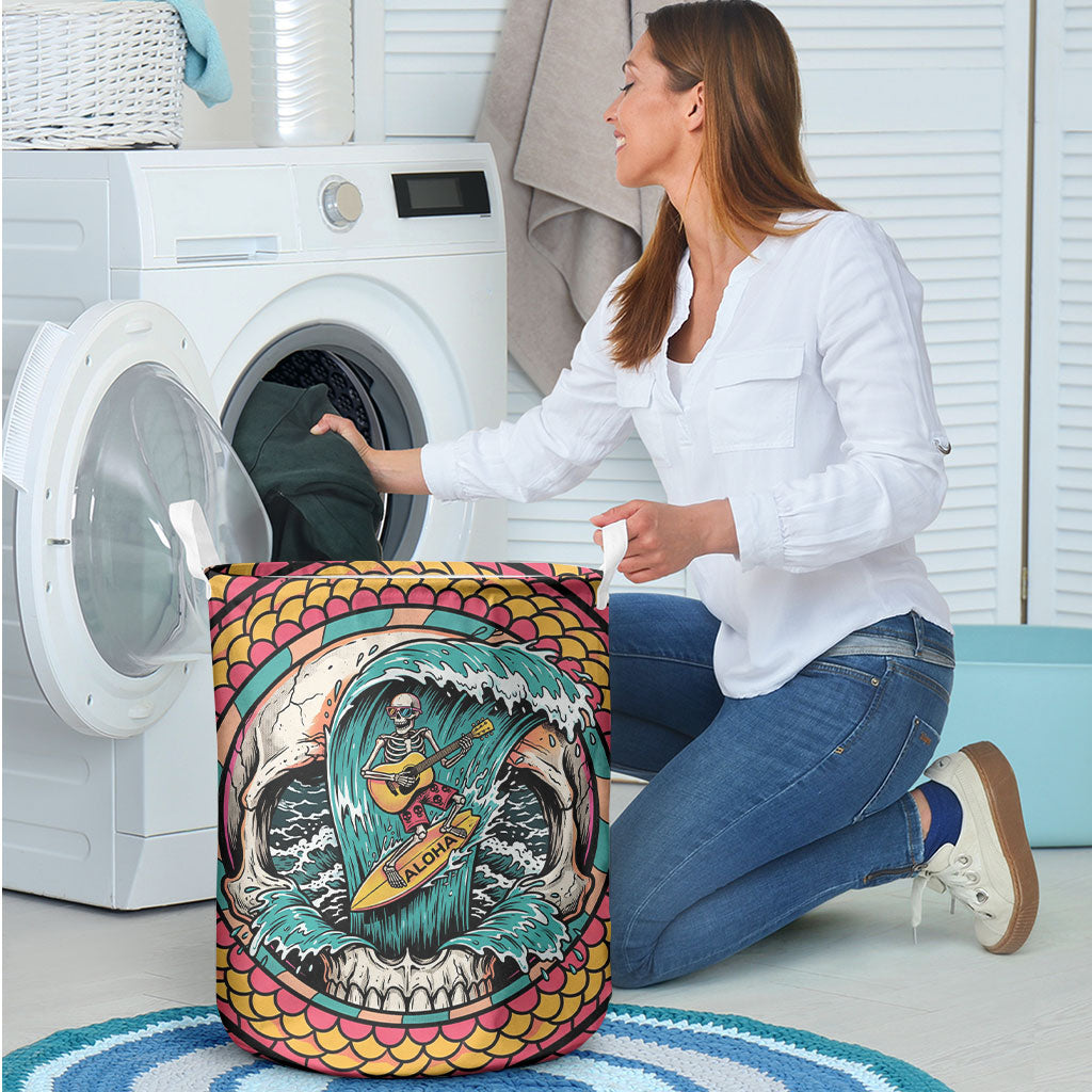 3D Illusion Surfing Skull Aloha Halloween Laundry Basket Tropical Guitarist Bones Wave
