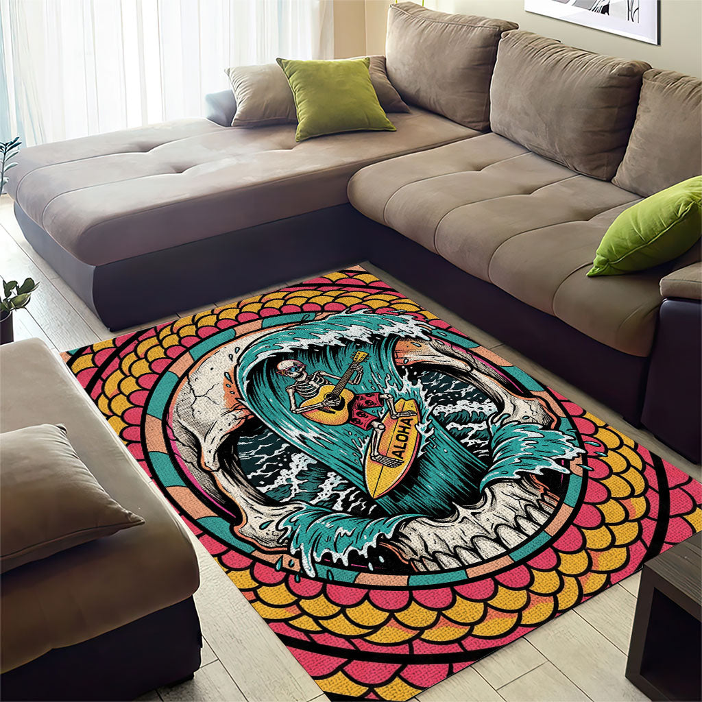 3D Illusion Surfing Skull Aloha Halloween Area Rug Tropical Guitarist Bones Wave