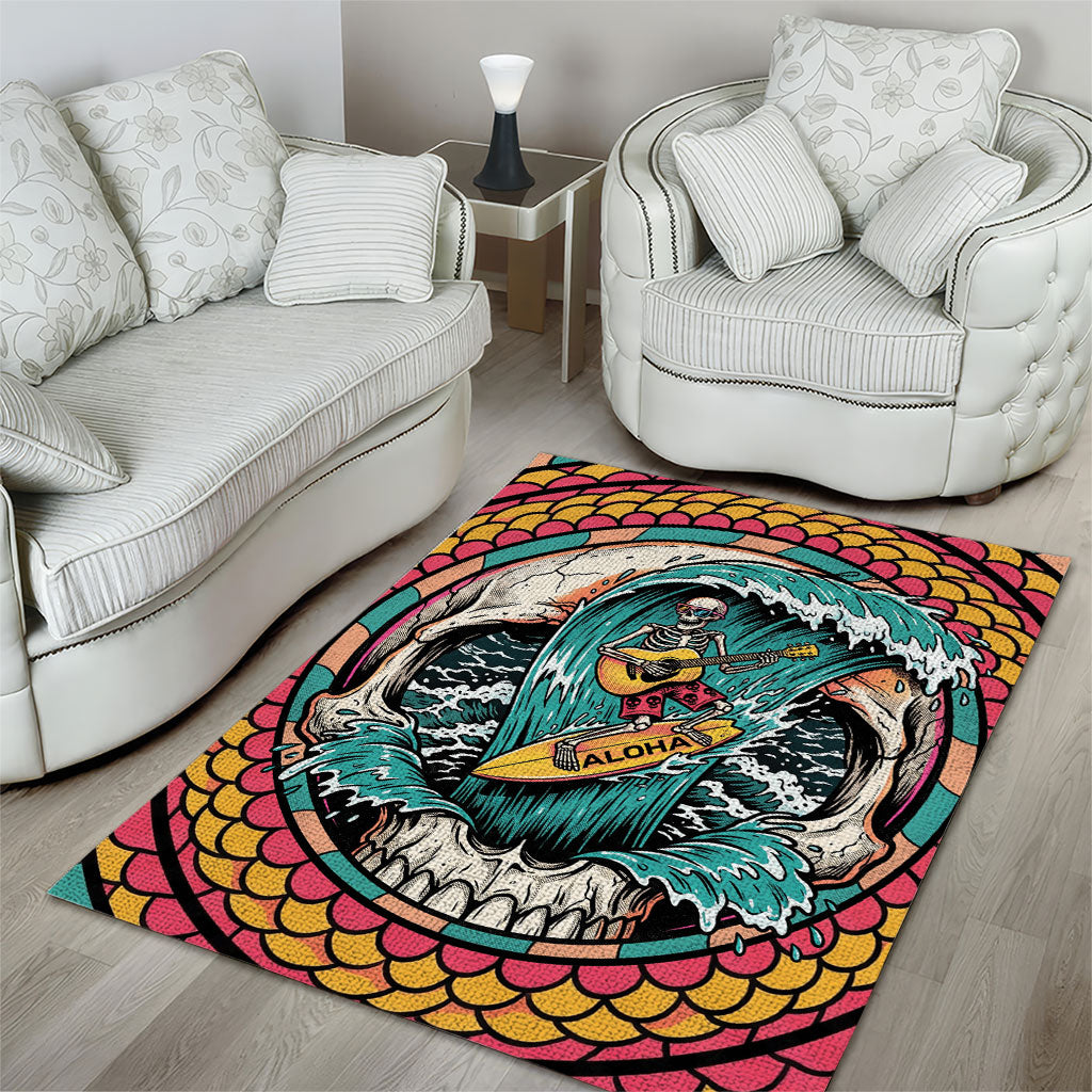 3D Illusion Surfing Skull Aloha Halloween Area Rug Tropical Guitarist Bones Wave