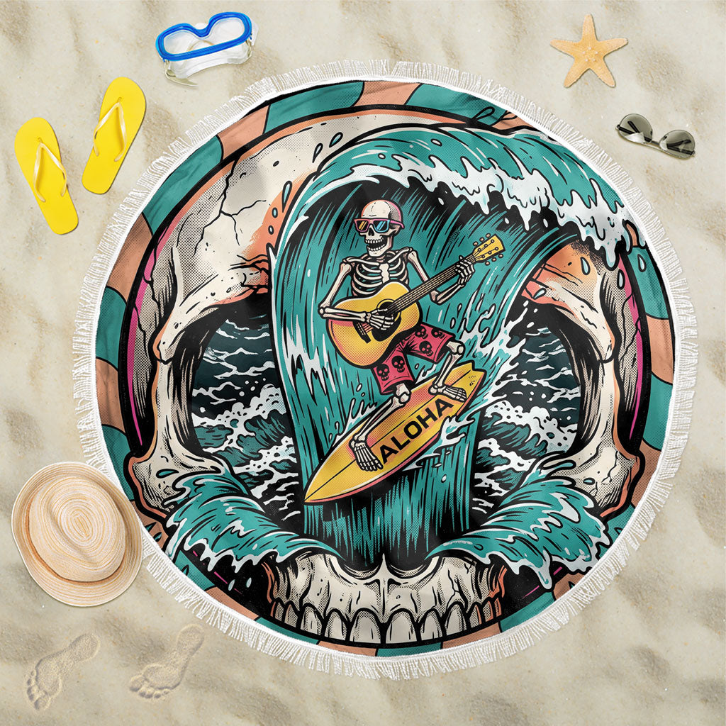 3D Illusion Surfing Skull Aloha Halloween Beach Blanket Tropical Guitarist Bones Wave