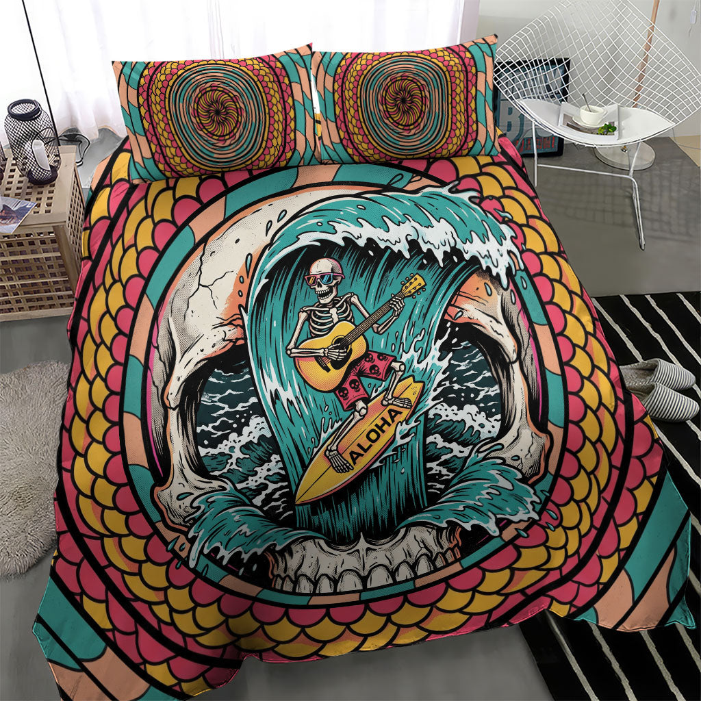 3D Illusion Surfing Skull Aloha Halloween Bedding Set Tropical Guitarist Bones Wave