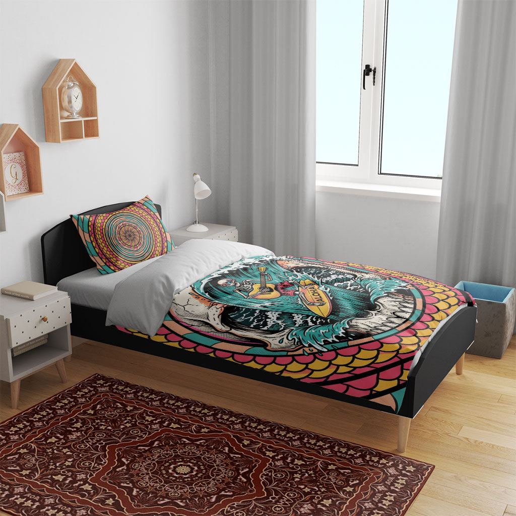 3D Illusion Surfing Skull Aloha Halloween Bedding Set Tropical Guitarist Bones Wave