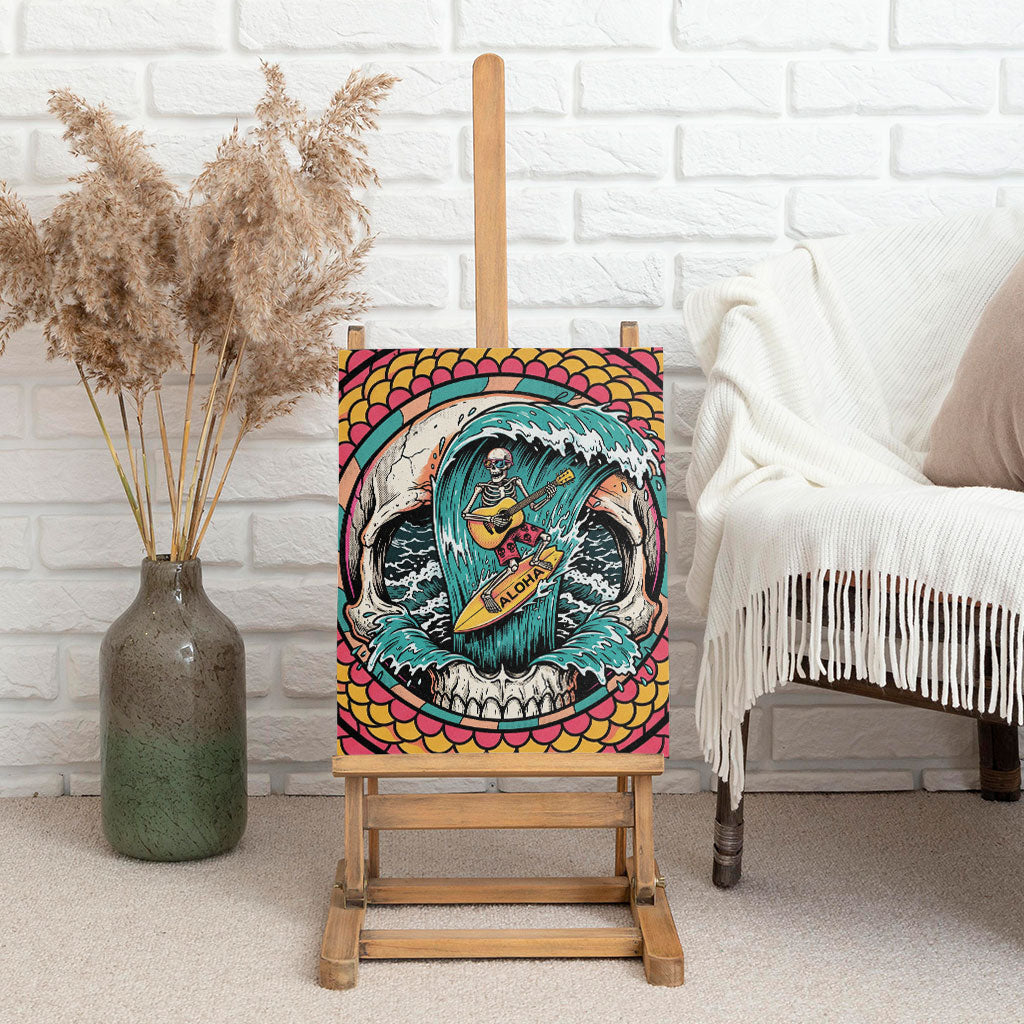 3D Illusion Surfing Skull Aloha Halloween Canvas Wall Art Tropical Guitarist Bones Wave