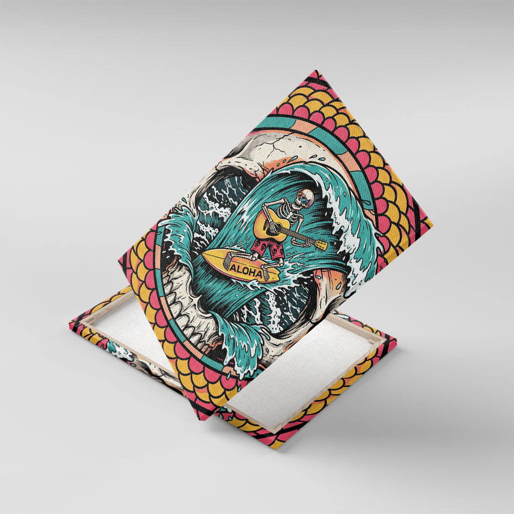 3D Illusion Surfing Skull Aloha Halloween Canvas Wall Art Tropical Guitarist Bones Wave