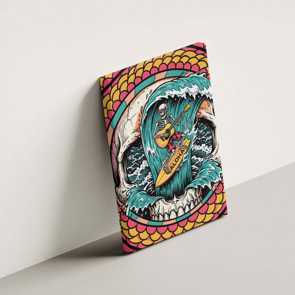 3D Illusion Surfing Skull Aloha Halloween Canvas Wall Art Tropical Guitarist Bones Wave