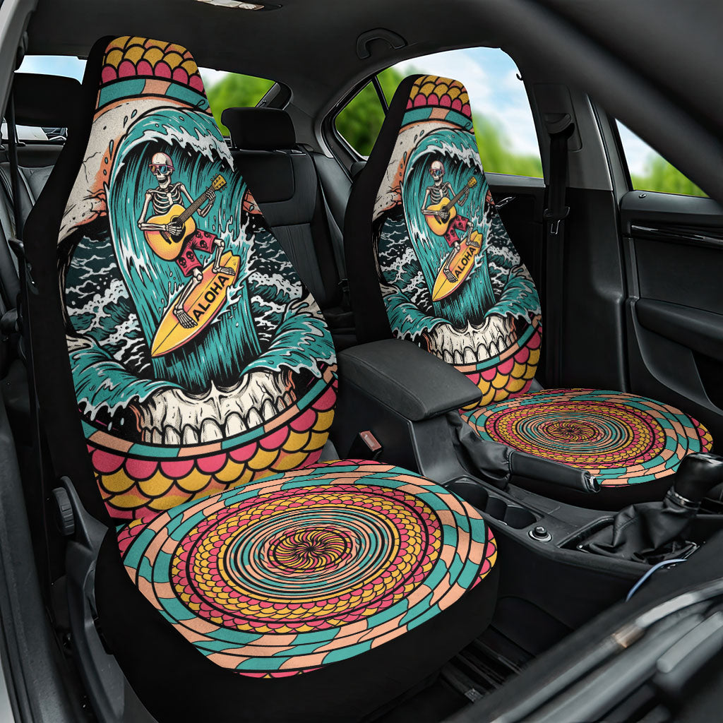 3D Illusion Surfing Skull Aloha Halloween Car Seat Cover Tropical Guitarist Bones Wave