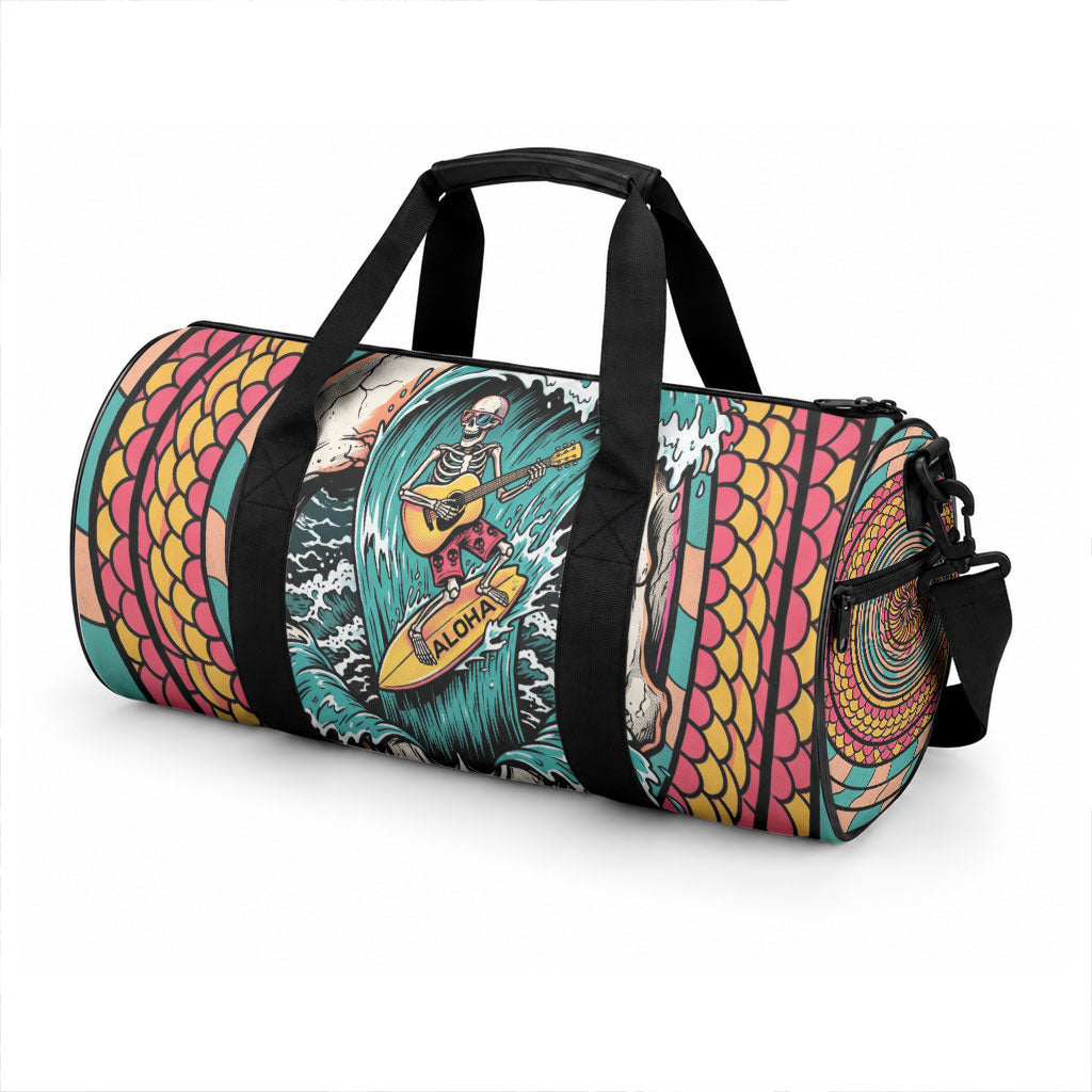 3D Illusion Surfing Skull Aloha Halloween Duffle Bag Tropical Guitarist Bones Wave
