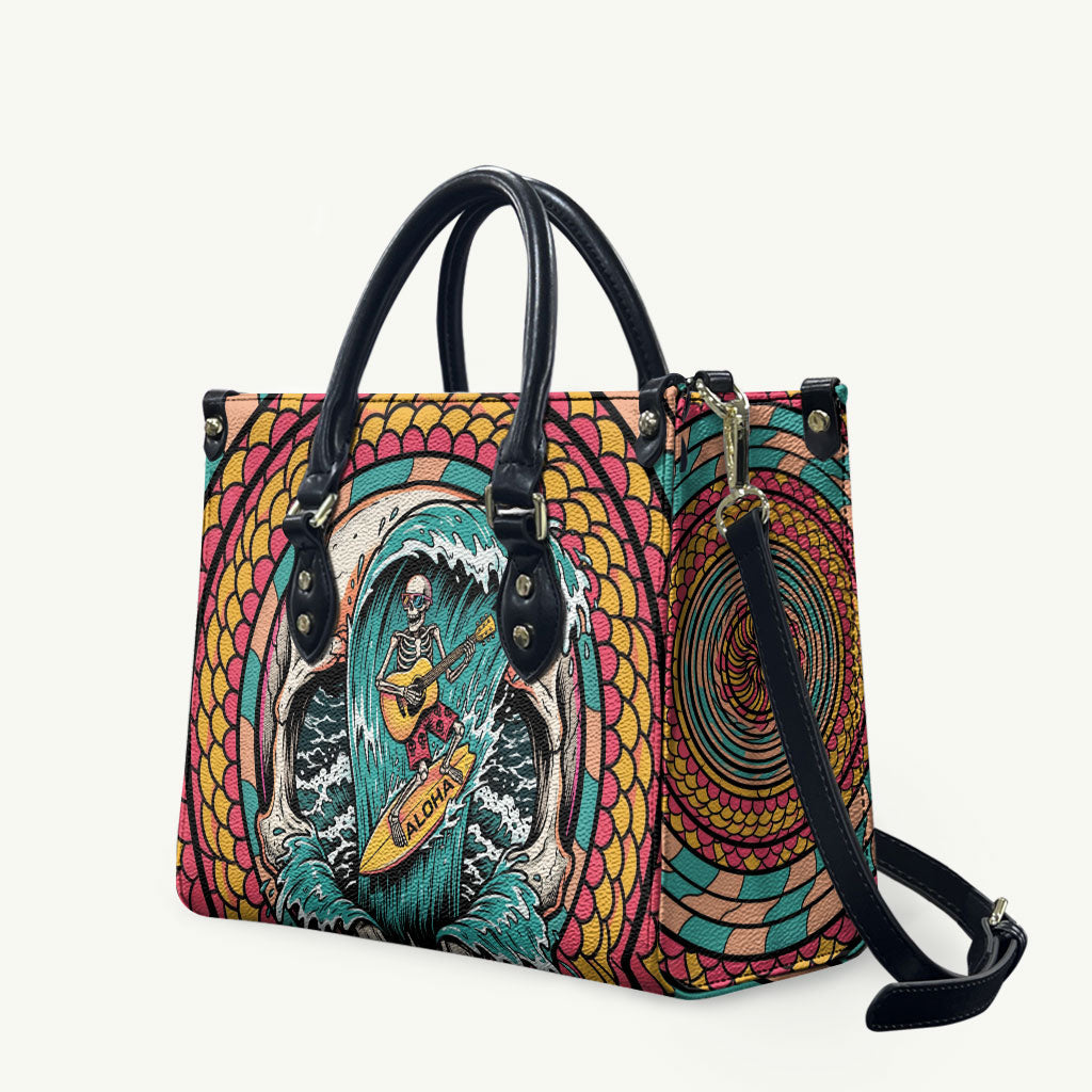 3D Illusion Surfing Skull Aloha Halloween Leather Bag Tropical Guitarist Bones Wave