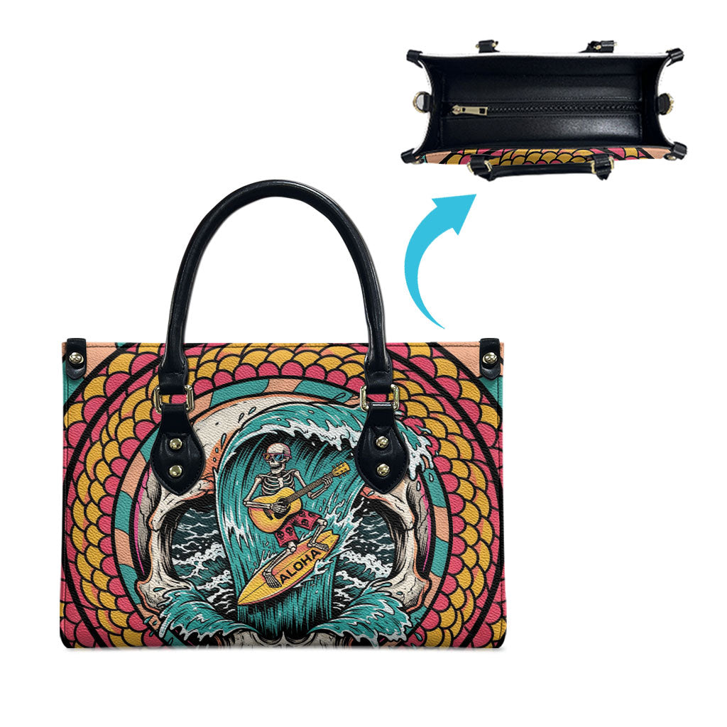 3D Illusion Surfing Skull Aloha Halloween Leather Bag Tropical Guitarist Bones Wave