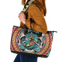 3D Illusion Surfing Skull Aloha Halloween Leather Tote Bag Tropical Guitarist Bones Wave