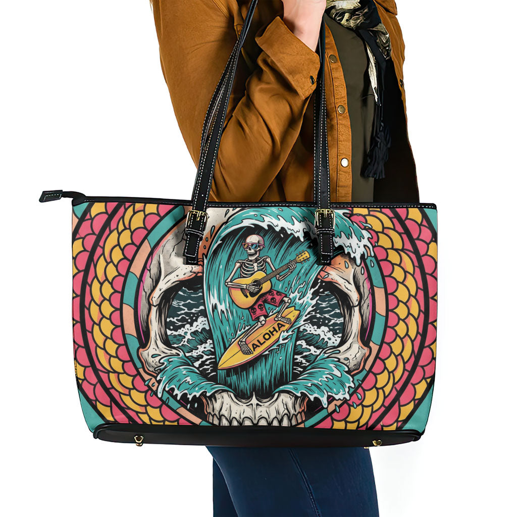 3D Illusion Surfing Skull Aloha Halloween Leather Tote Bag Tropical Guitarist Bones Wave